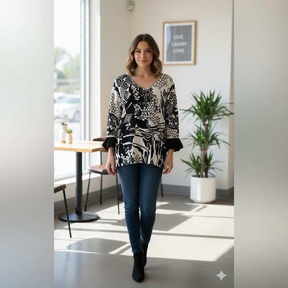 a la carte Tops - a la Carter blouse women’s size large black-white  top 3/4 sleeve ruffle